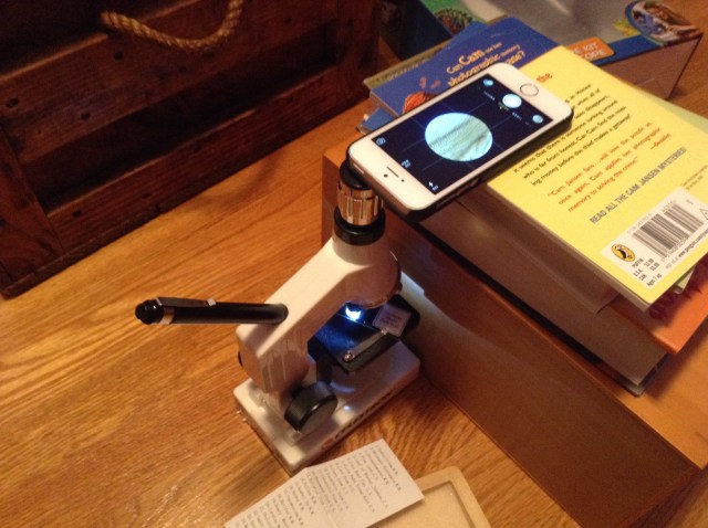 A simple stand held the iPhone just a fraction of an inch above the microscope to avoid getting jostled 