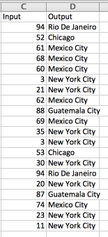 Using VLOOKUP, I can use the RANDBETWEEN generated values in Column C to fill in the correct matching locations in column D
