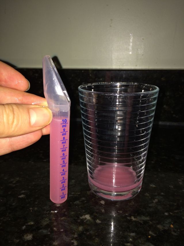 2 teaspoons fills the measuring spoon, but it just forms a tiny puddle in the much wider juice glass
